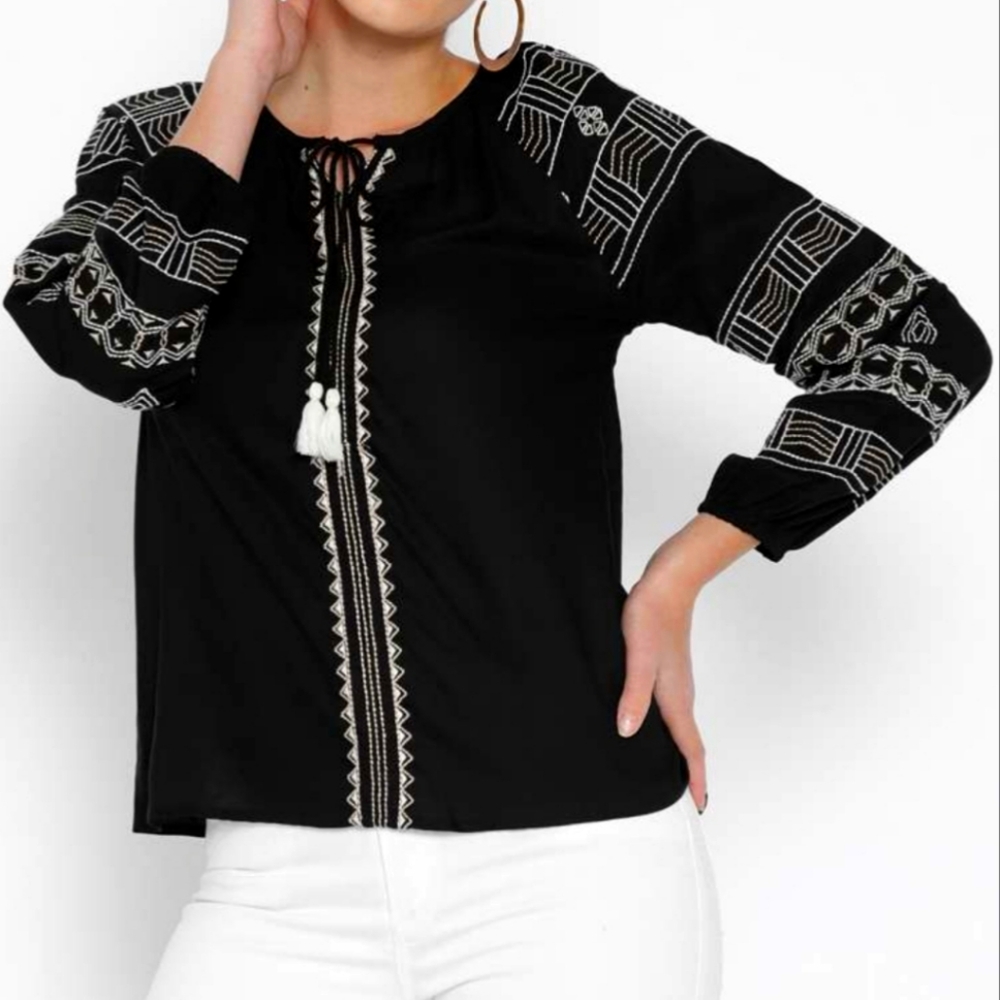 Globaldesi Boho Black Blouse with White & Beige Embroidery